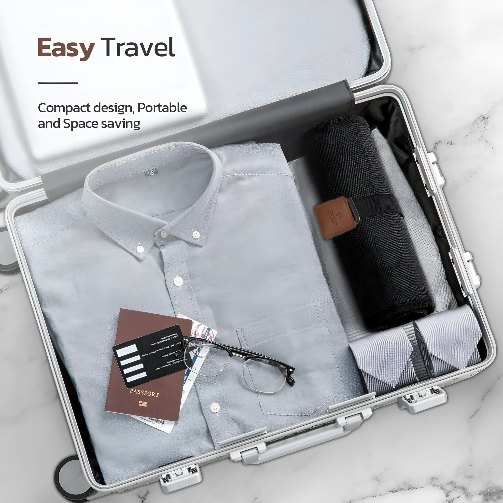 Men's portable reel wash bag in black or light brown with buggy bag design for travel toiletries storage