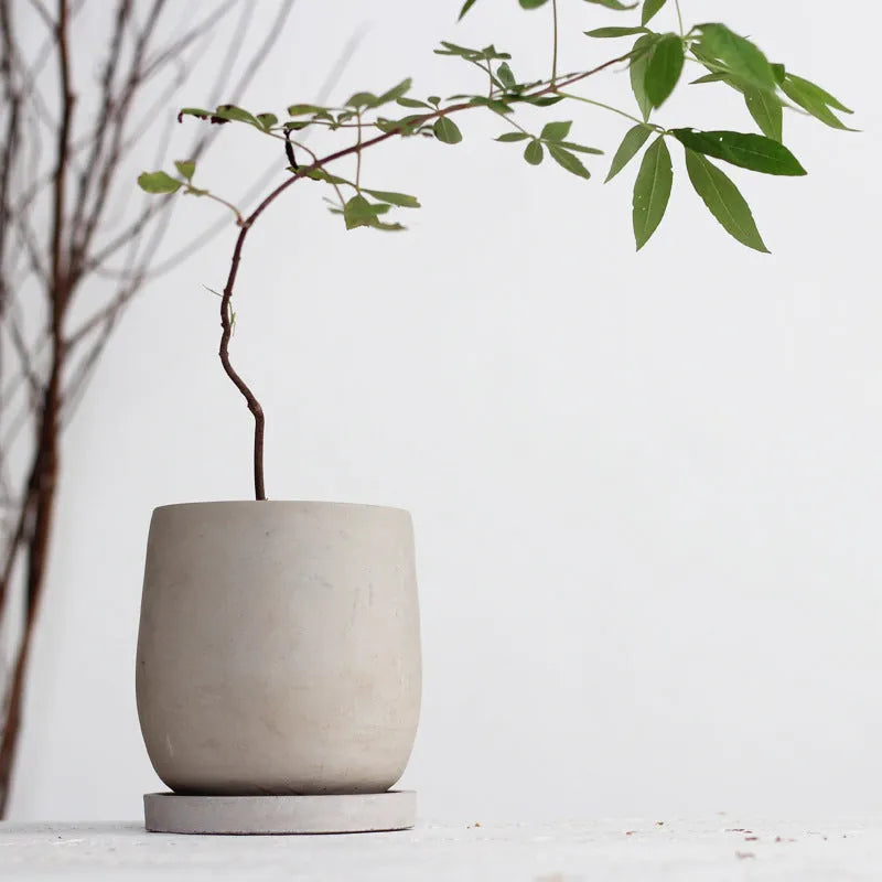 Round cement flower pot with 11cm bottom diameter, natural colour, Chinese style desktop planter