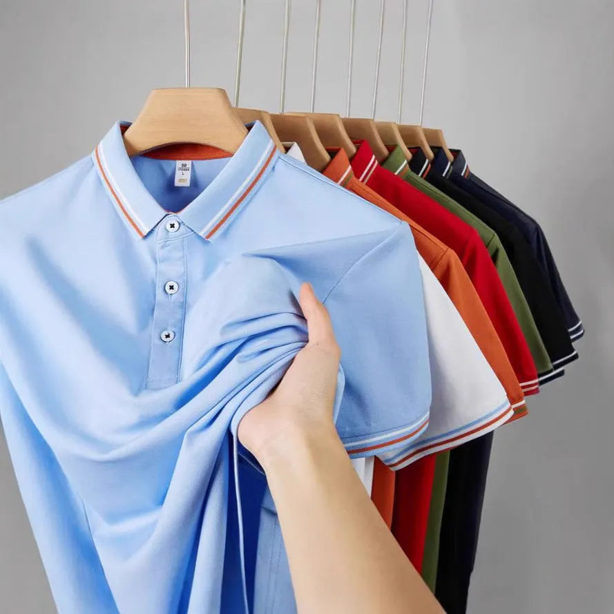 Cotton blend slim fit polo work shirt with collar and short sleeves on a hanger.