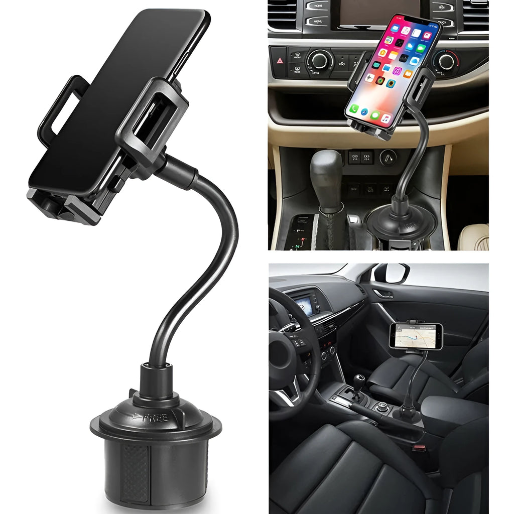 Black universal car-mount phone bracket showing adjustable padded wings and a 360-degree rotating head.