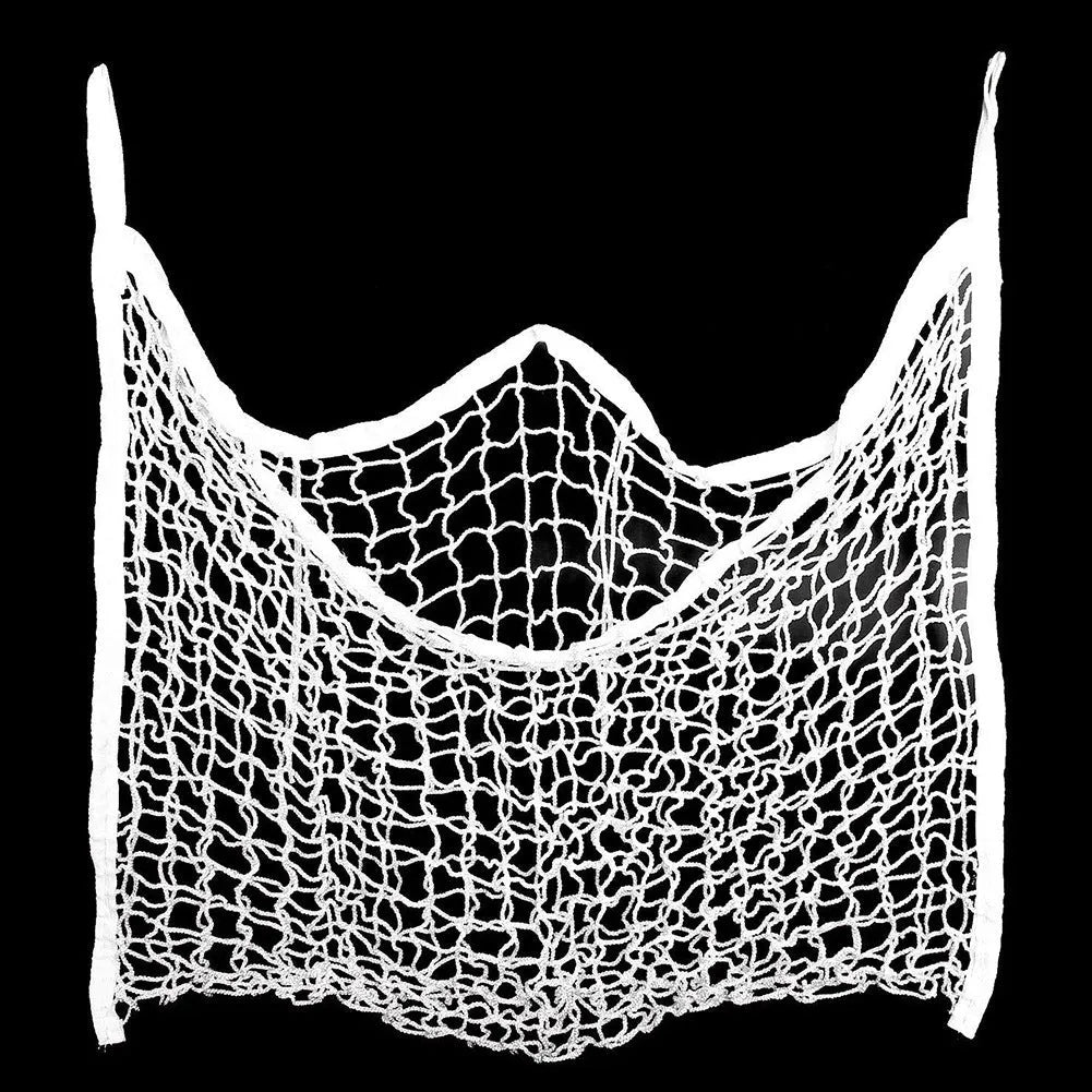 Black woven PE rope hanging feeding bag for horses, showing grid weave and hanging straps.