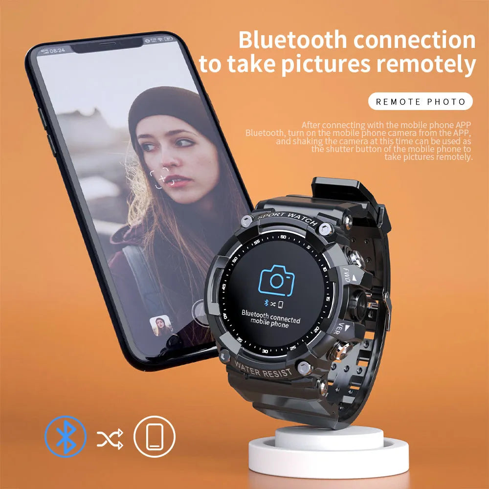 Black IP67 waterproof smart sports watch with round colour screen displaying health metrics