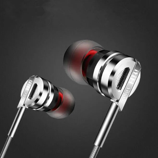 Black metal in-ear headphones with smart wire control and microphone for mobile phones