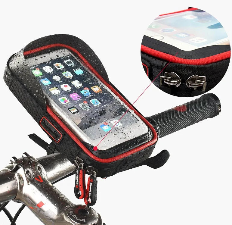 Black nylon cycle mobile phone bracket bag with 6.0 inch screen window, water resistant, anti-glare visor, and tool-free adjustable base