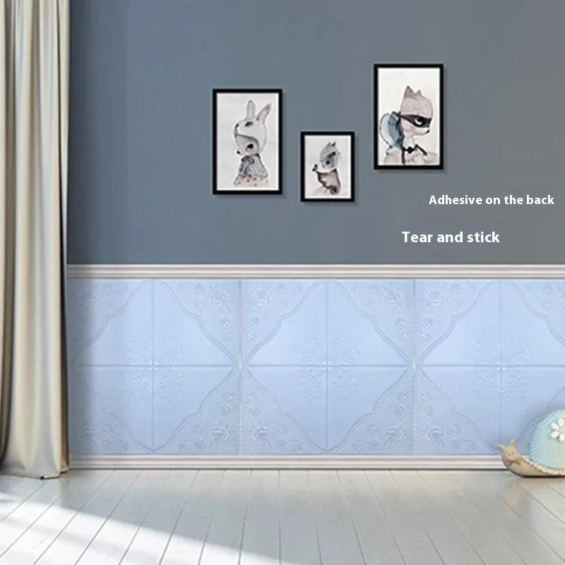Light blue plants and flowers pattern XPE foam wall sticker with three-dimensional texture measuring 70cm square