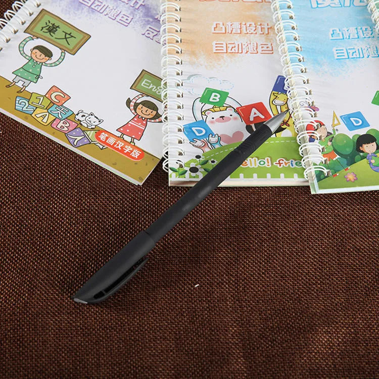 Automatic fade and disappear pen set showing pen holder, case, and eight refills