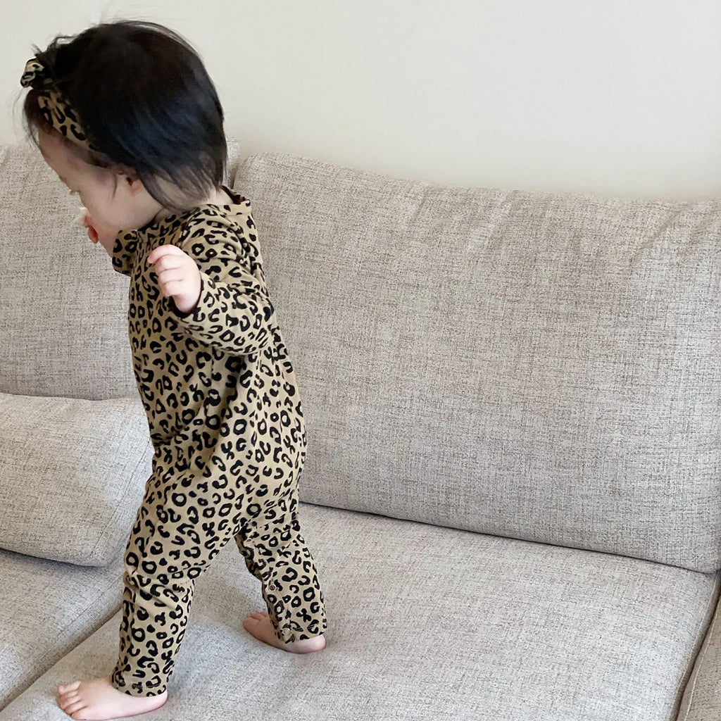 Brown leopard print cotton long-sleeved baby jumpsuit with matching headband