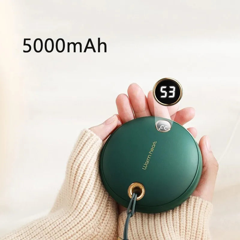Green square power bank with digital display showing battery percentage, with a USB cable.