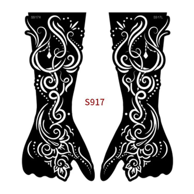 Sheet of hollow geometric tattoo stencil stickers with 3D paper carving designs.