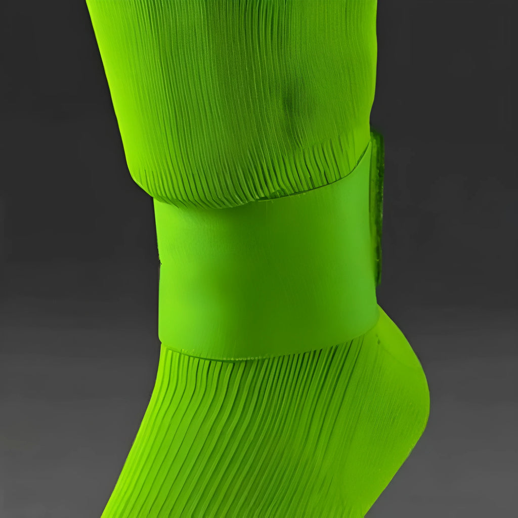 Rubber shin guard strap for football, shown in one of four colours: black, blue, red, or white.