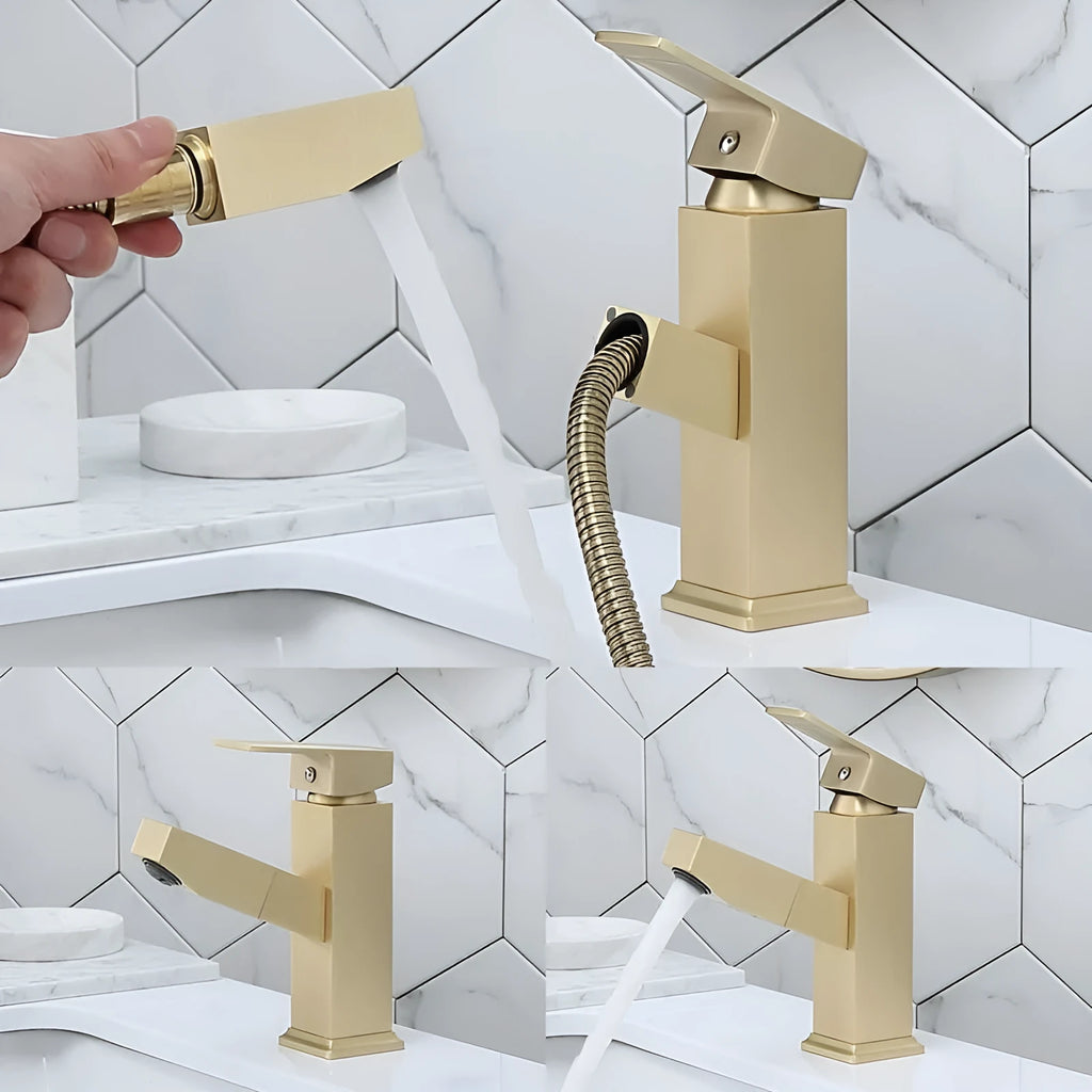 Nordic square pull brass faucet with brushed gold finish for sink installation