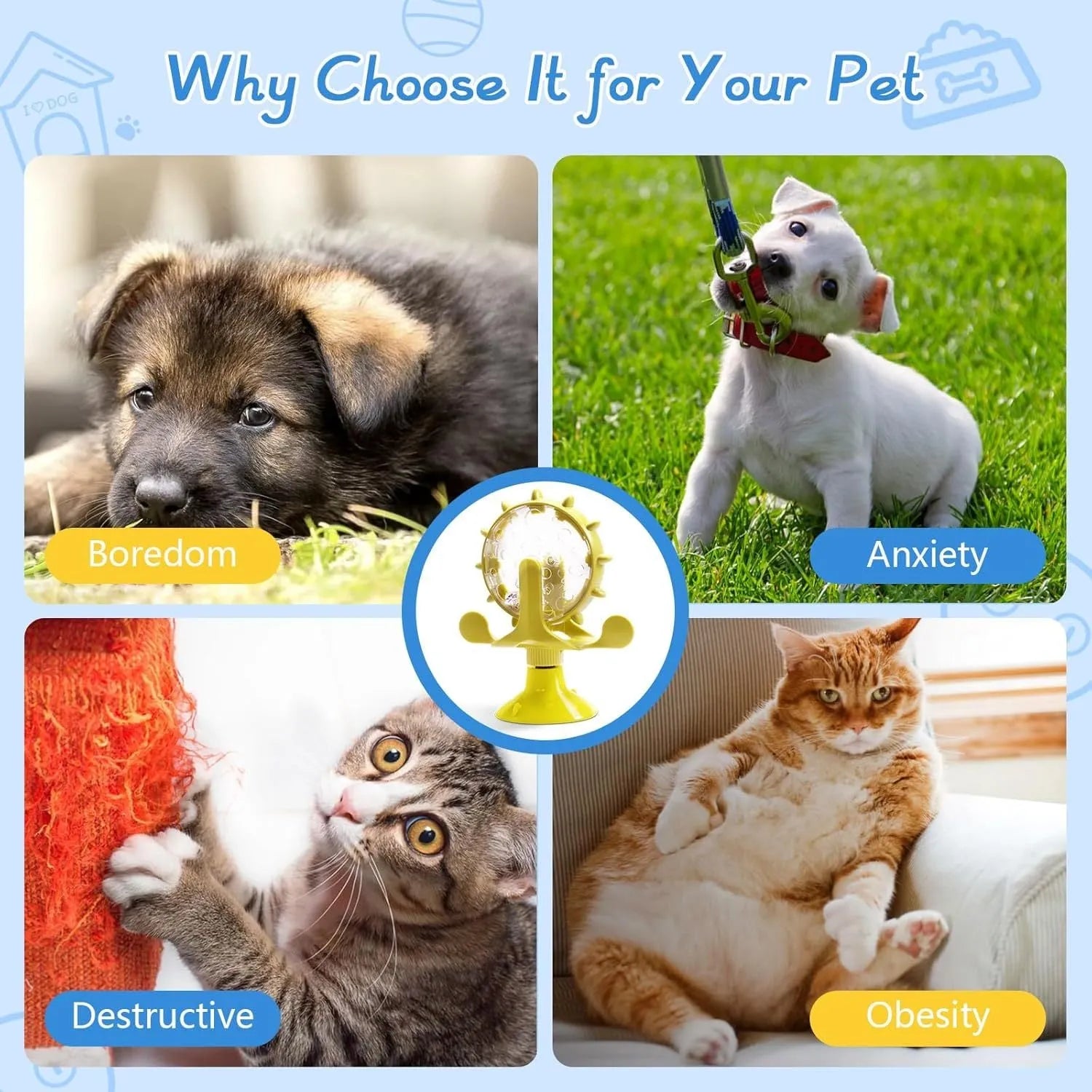 Interactive pet slow feeder toy with spinner design in blue, green, red or yellow colours
