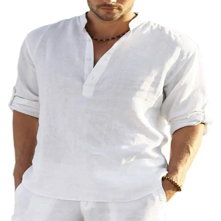 Men's solid colour casual shirt with stand collar and long sleeves in a cotton linen fabric