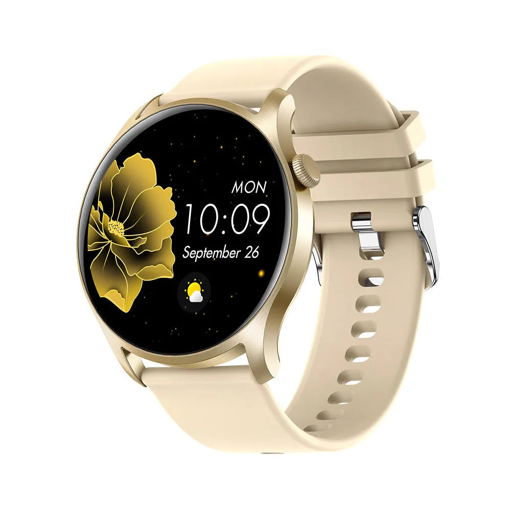 Smart watch with colour screen displaying heart rate and blood pressure metrics on silicone wristband