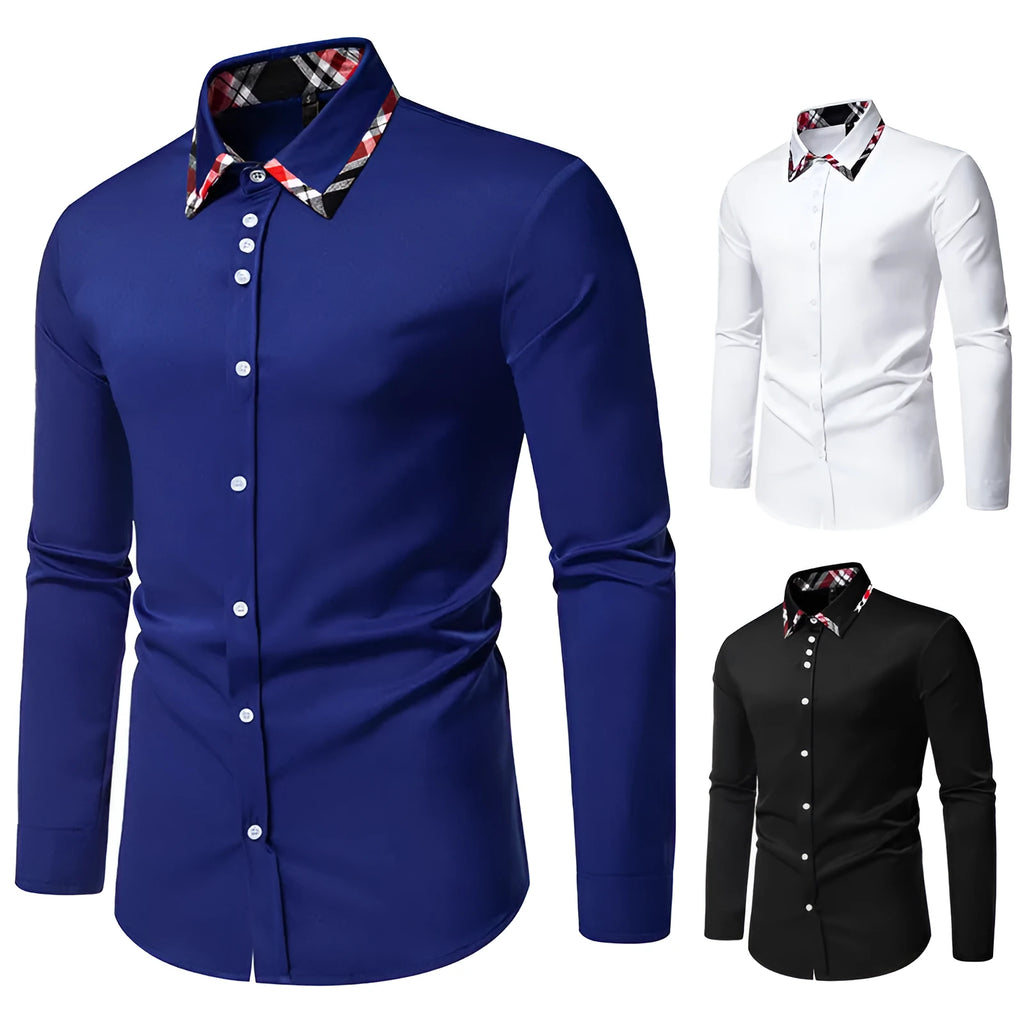 Men's plaid long sleeve shirt with triangle collar in black, blue, or white.