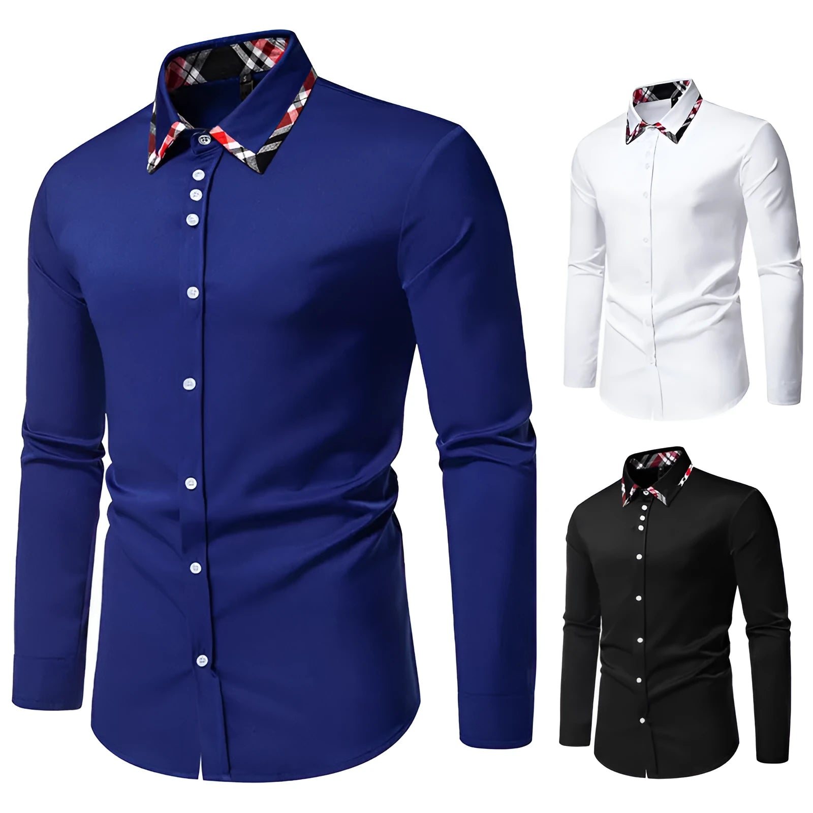 Men's plaid long sleeve shirt with triangle collar in black, blue, or white.