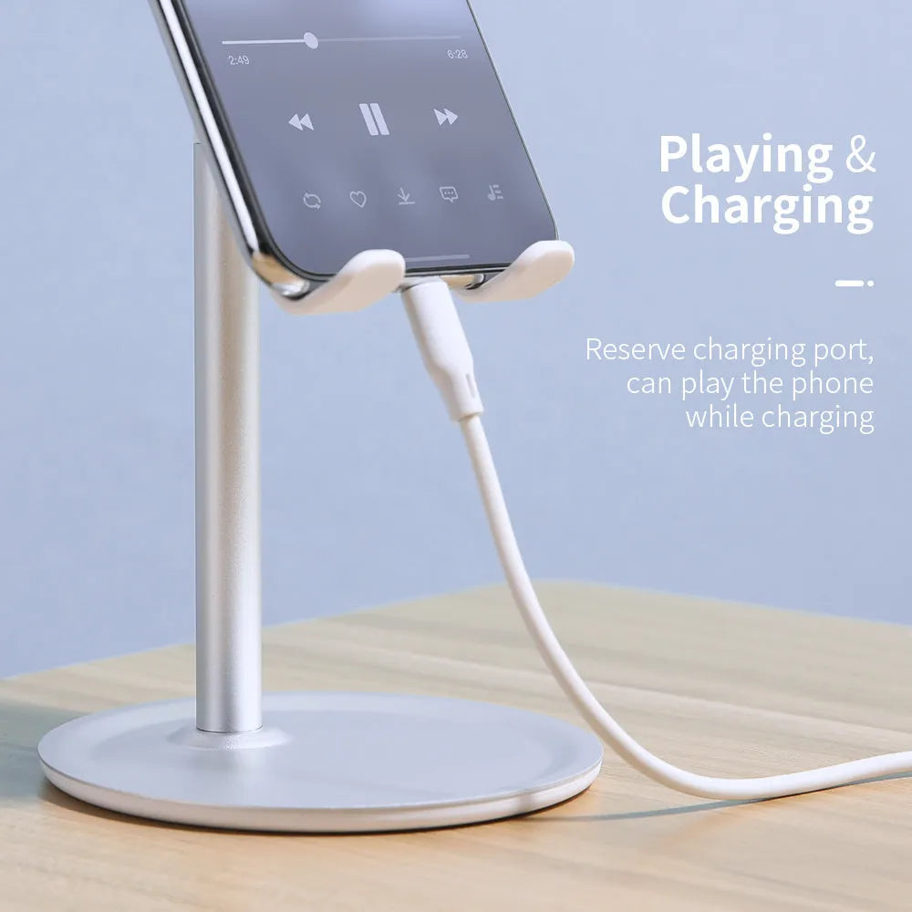 Aluminium mobile phone stand in black or white with silicone grips for phones and tablets