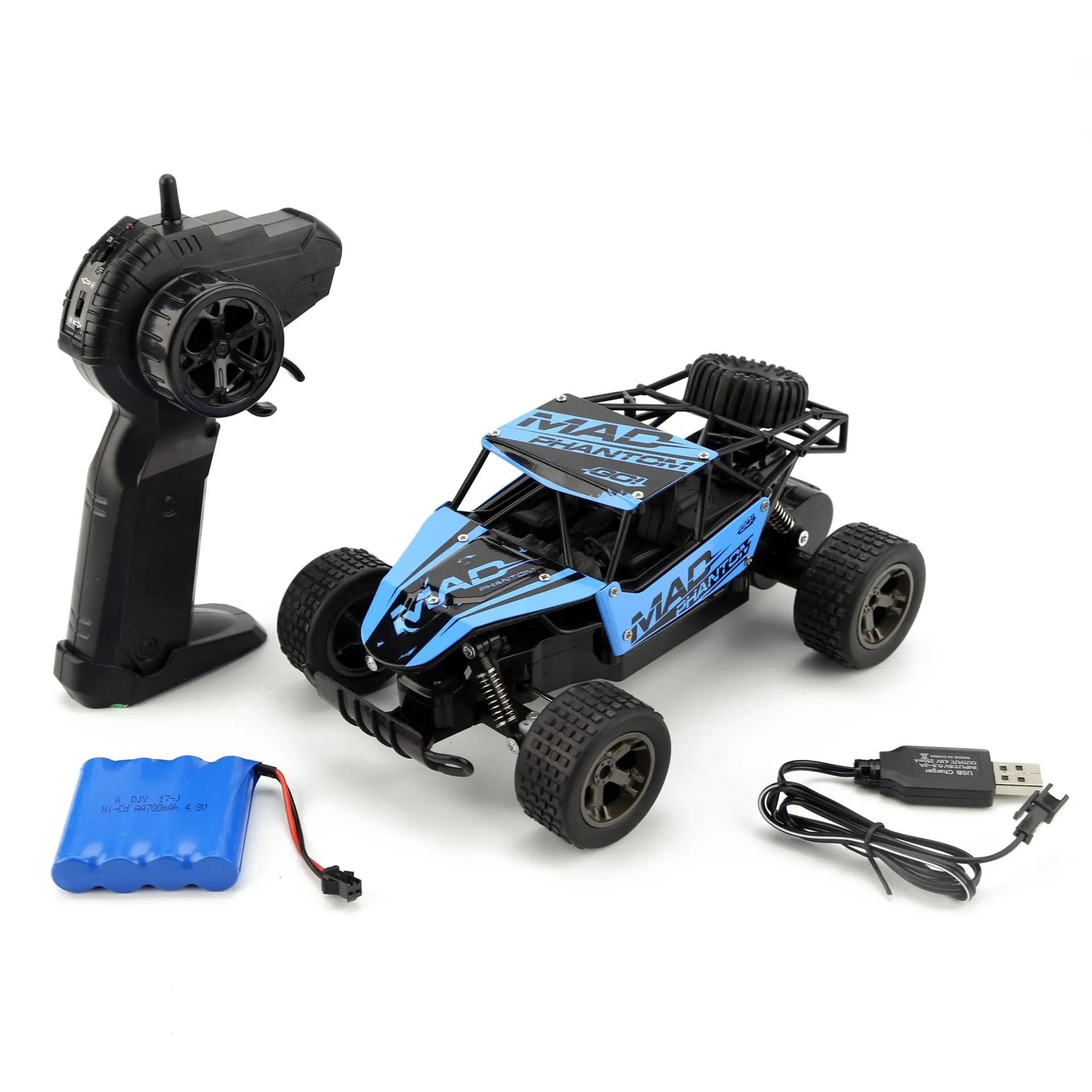 Blue and yellow 1:18 scale remote control drift car with 2.4GHz transmitter on a flat surface