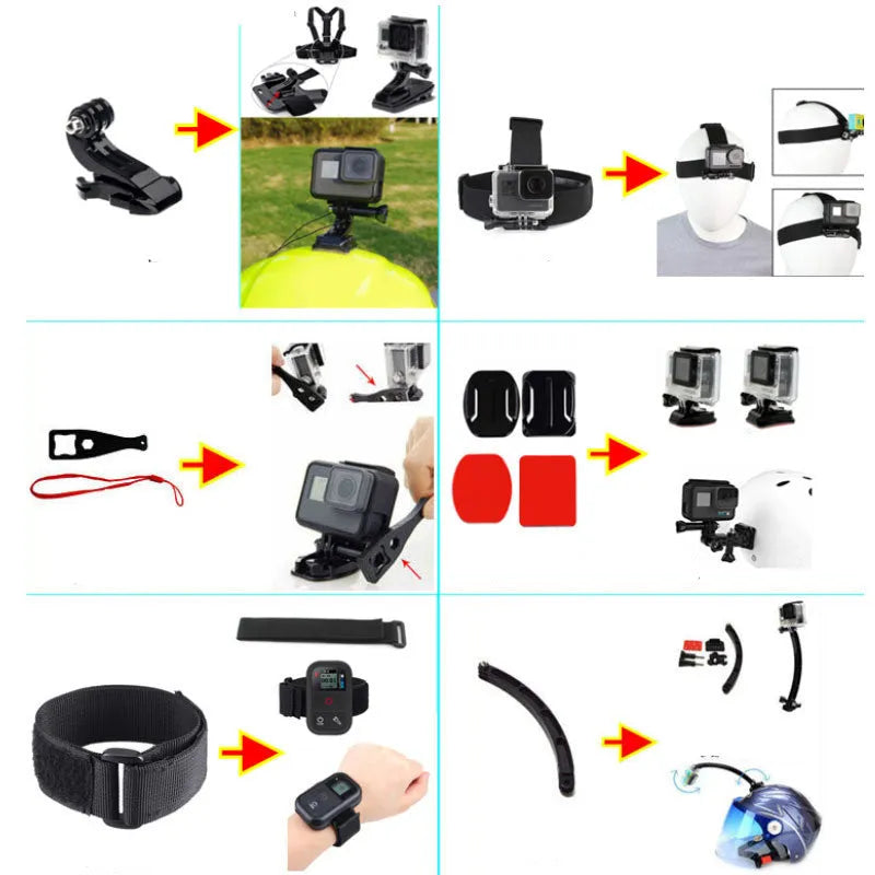 Black sports camera accessories set with helmet mount, chest strap, selfie stick, and storage bag