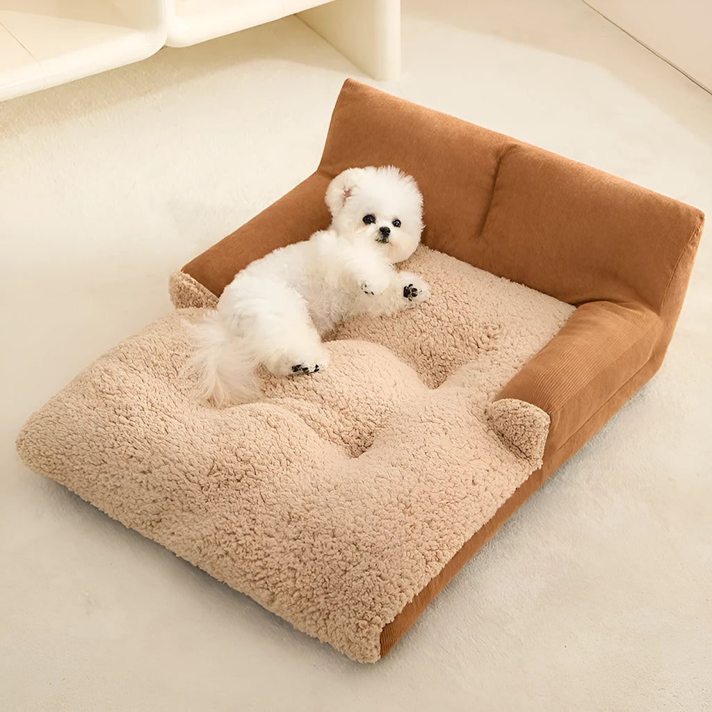 Grey plaid fleece dog kennel bed in three sizes with removable cushion