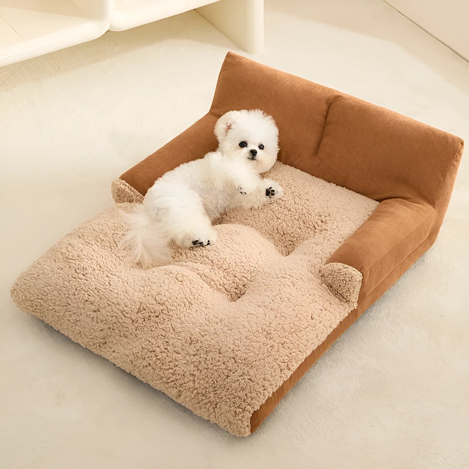 Grey plaid fleece dog kennel bed in three sizes with removable cushion