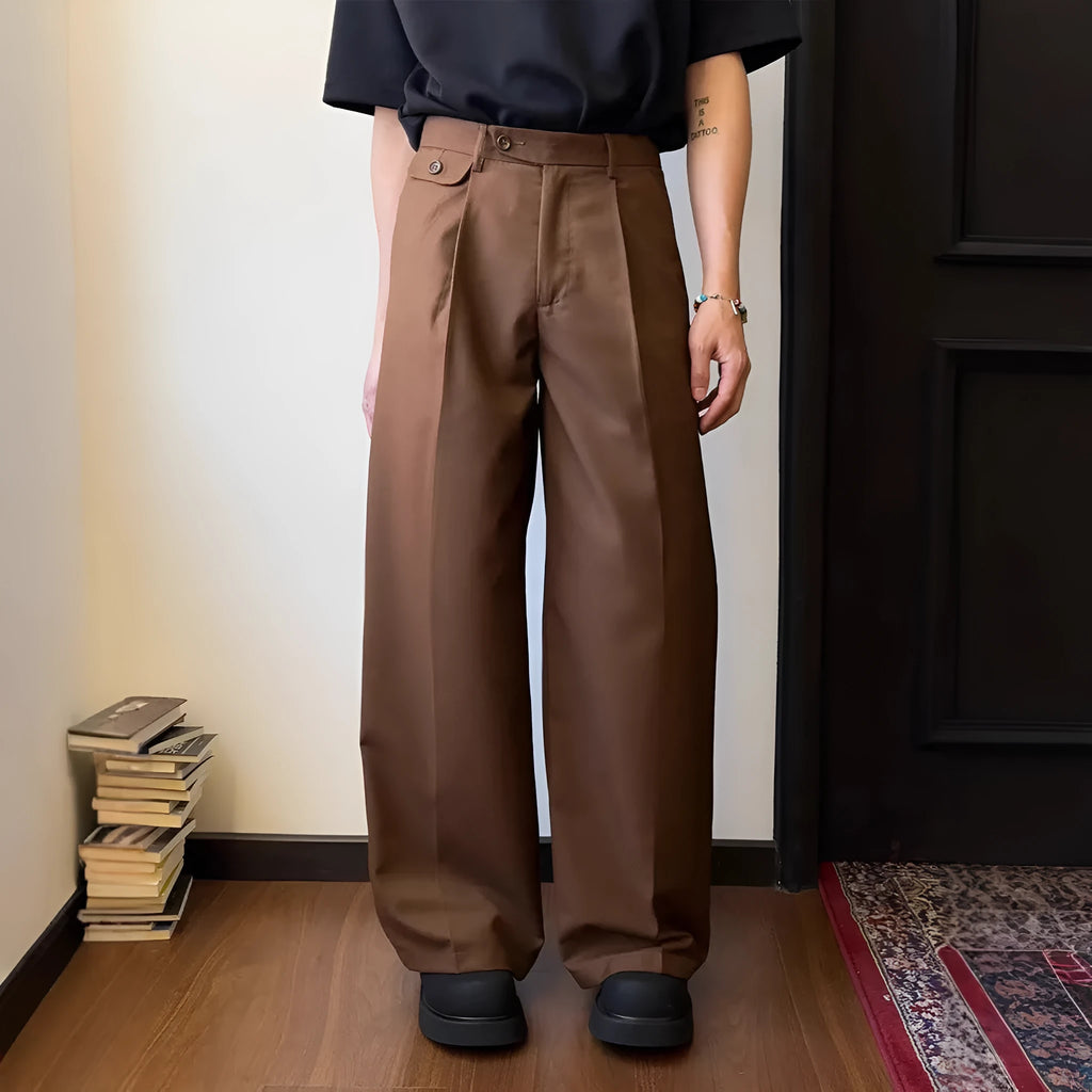 Men's straight loose wide-leg casual suit pants in black or brown draping polyester blend fabric