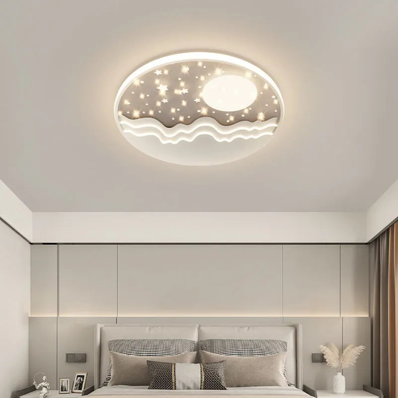 Moon-shaped romantic ceiling light for bedroom with wrought iron frame and acrylic panels
