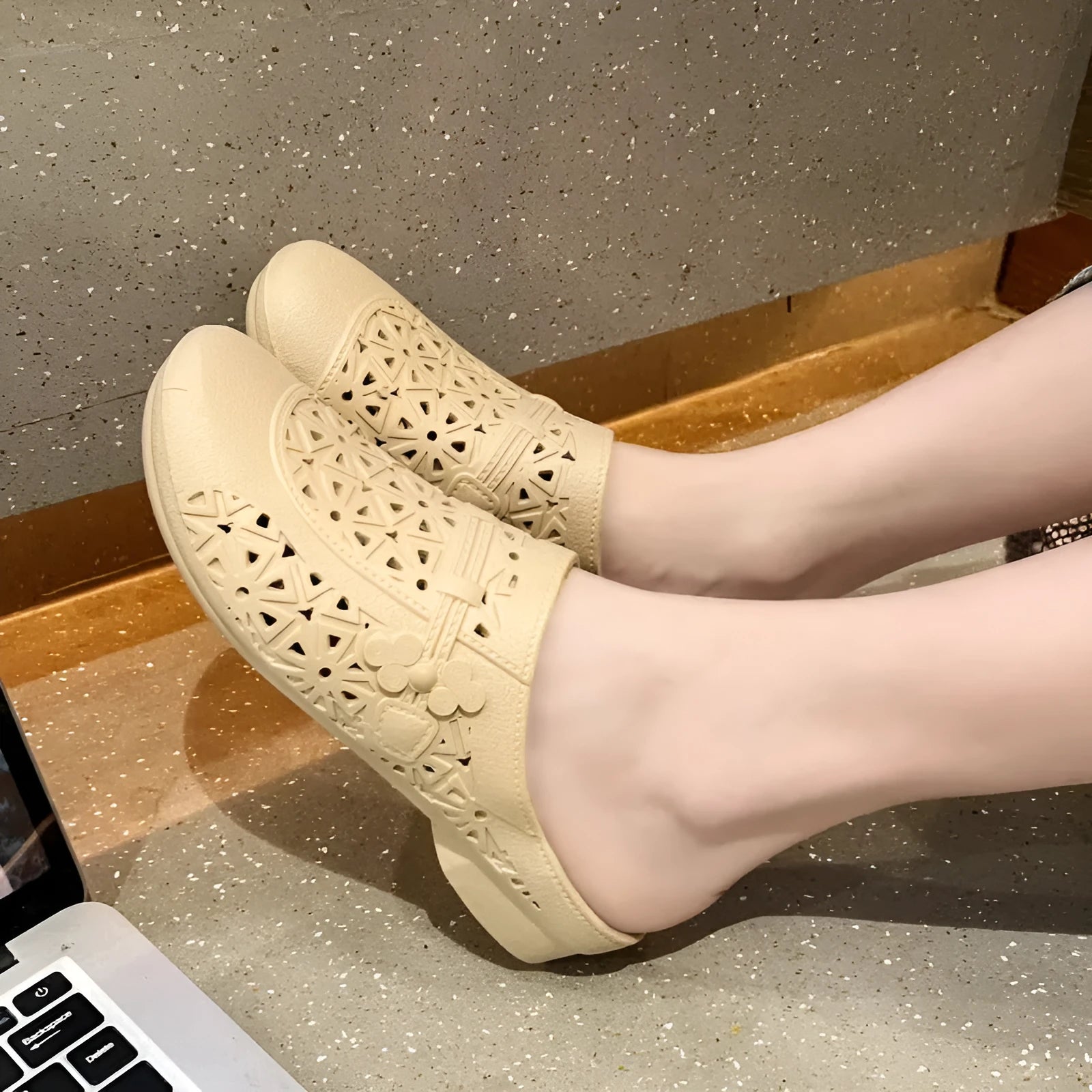 Flat toe box fairy style PVC half slippers with hollow out design in apricot colour