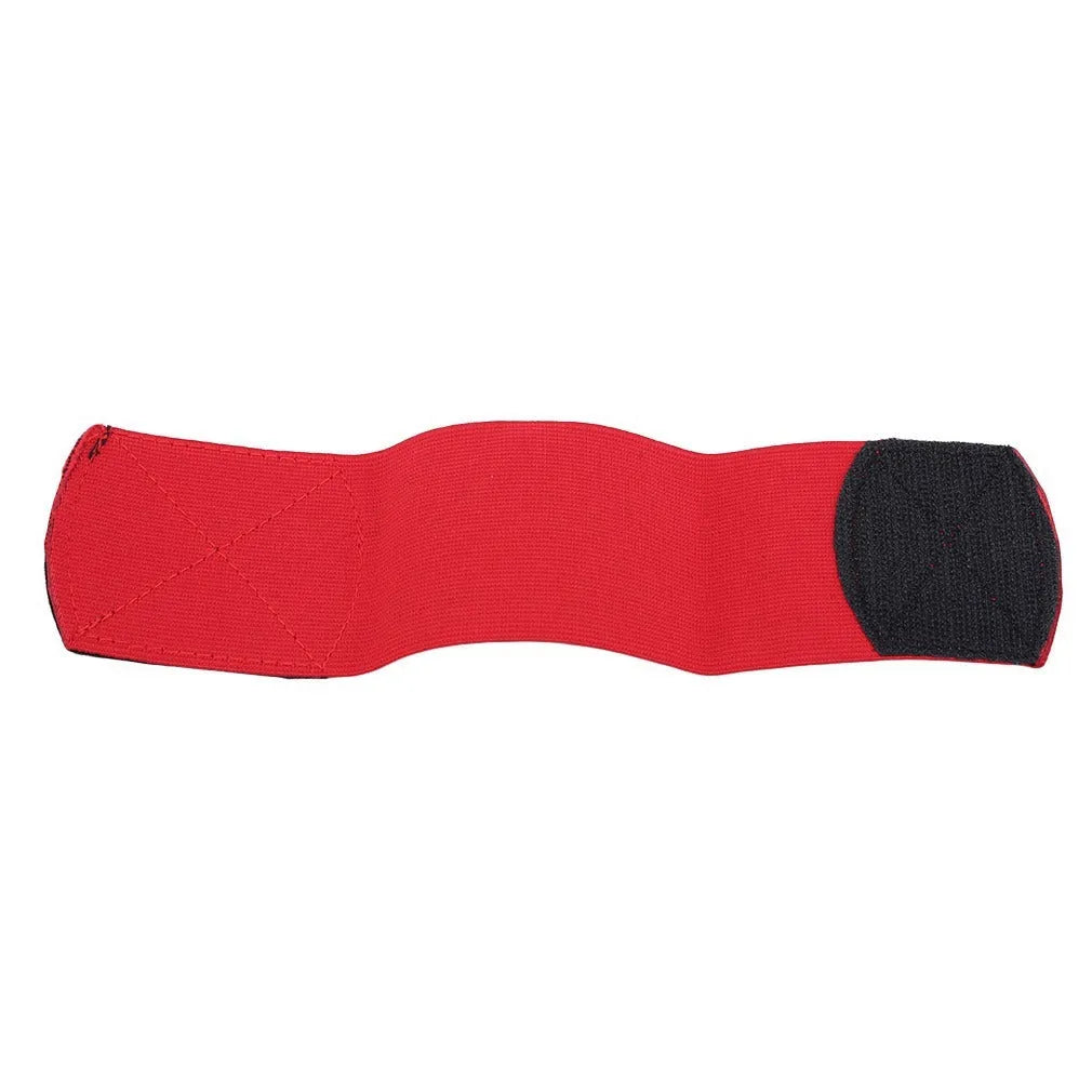 Rubber shin guard strap for football, shown in one of four colours: black, blue, red, or white.