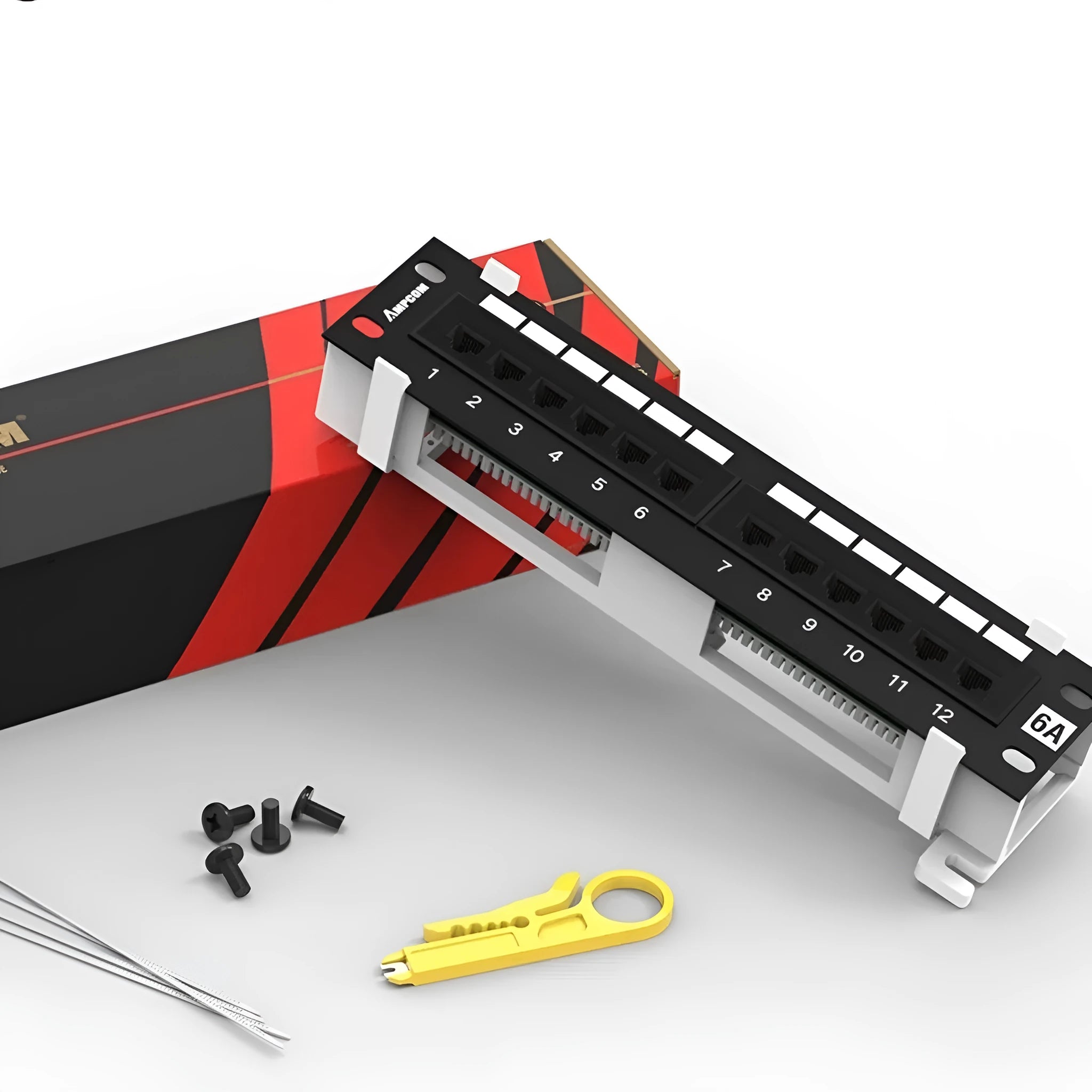 Black 12-port steel network distribution frame with hook bracket and included installation tools.