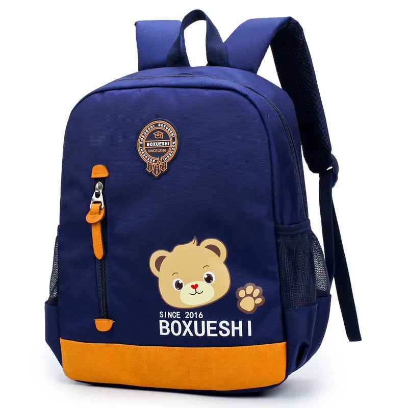 Cartoon bear nursery school backpack for boys in deep blue or mei red with adjustable straps