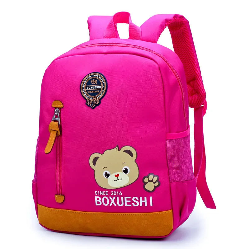 Cartoon bear nursery school backpack for boys in deep blue or mei red with adjustable straps