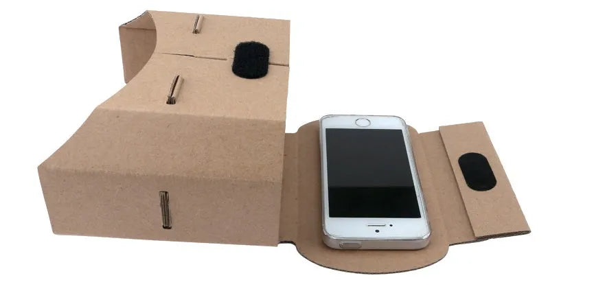 Foldable cardboard virtual reality glasses for smartphones with a photo-colour design.