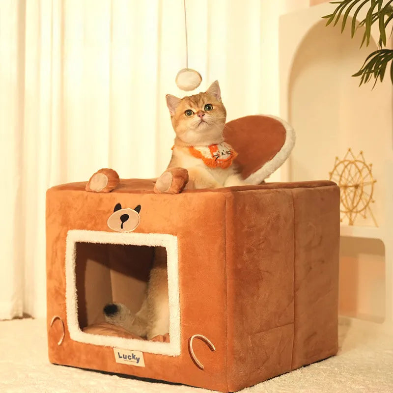 Grey and beige self-warming fleece cat bed with cave shape and removable cover, suitable for small dogs and cats up to 12.5 kg