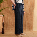 Linen loose high waist trousers with elasticated waistband in navy blue, straight-leg casual pants
