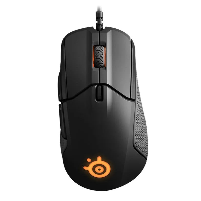 Black wired mechanical gaming mouse with 12000 DPI sensor and six programmable buttons on a desk