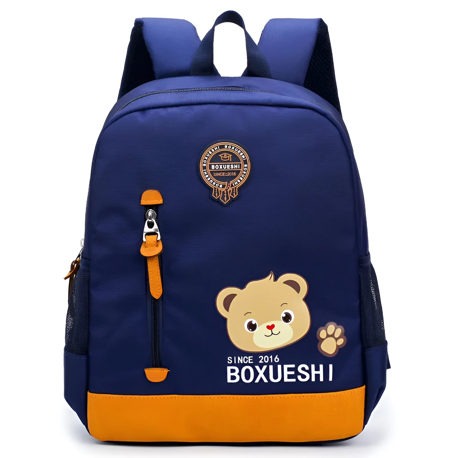 Cartoon bear nursery school backpack for boys in deep blue or mei red with adjustable straps