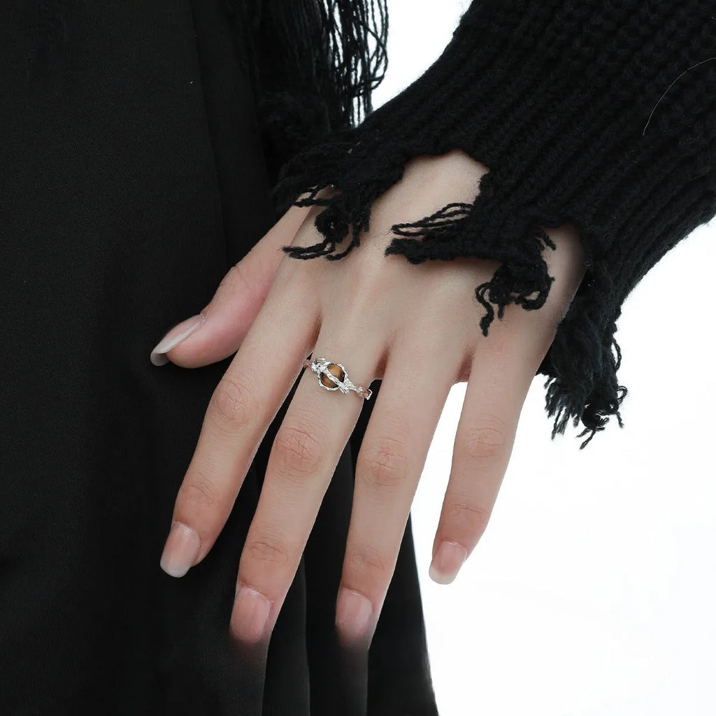 Saturn-themed adjustable open ring with electroplated white gold finish