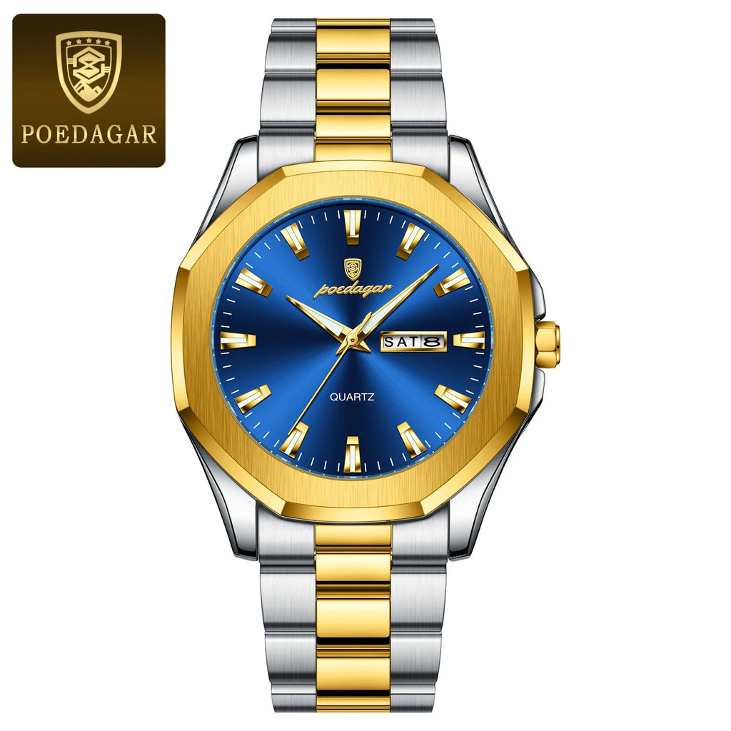 Men's slim stainless steel quartz watch on wrist showing gold and blue colour variant.