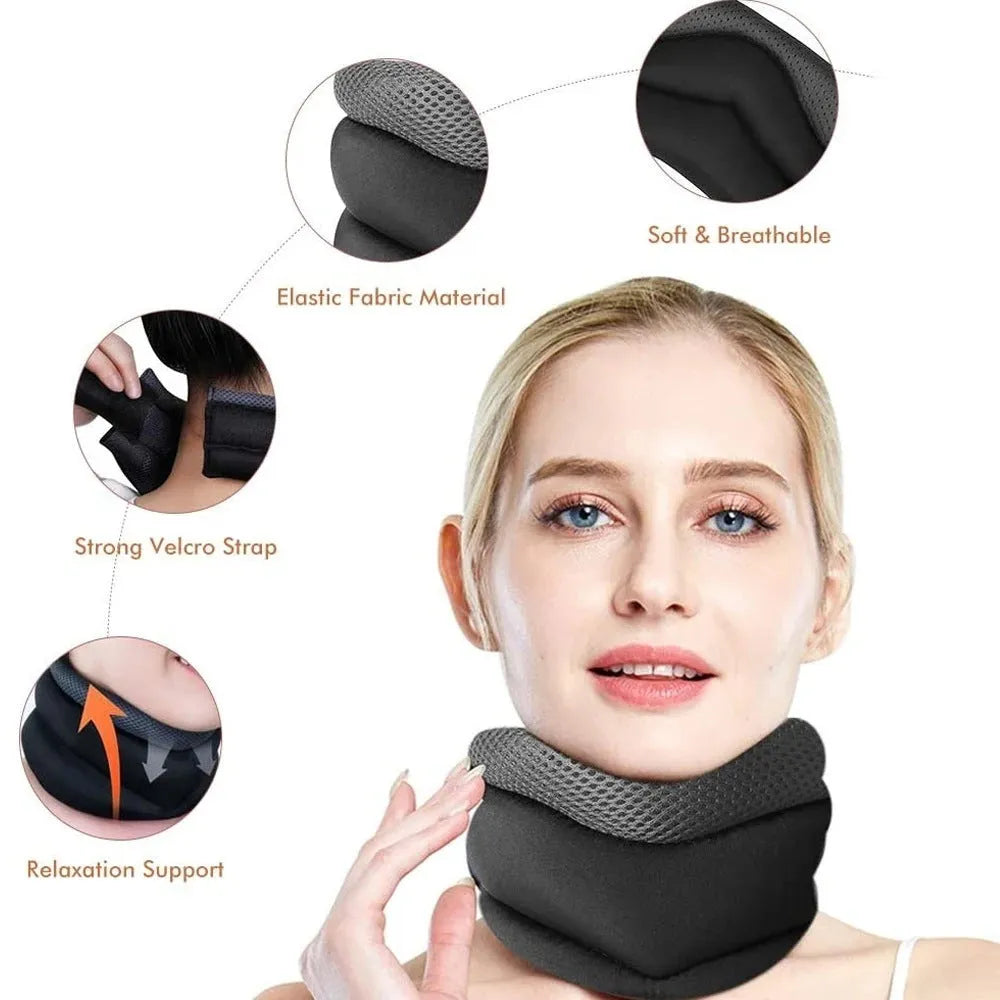 Black foam cervical collar neck brace with adjustable integrated fasteners, 40cm free size, for neck pain relief
