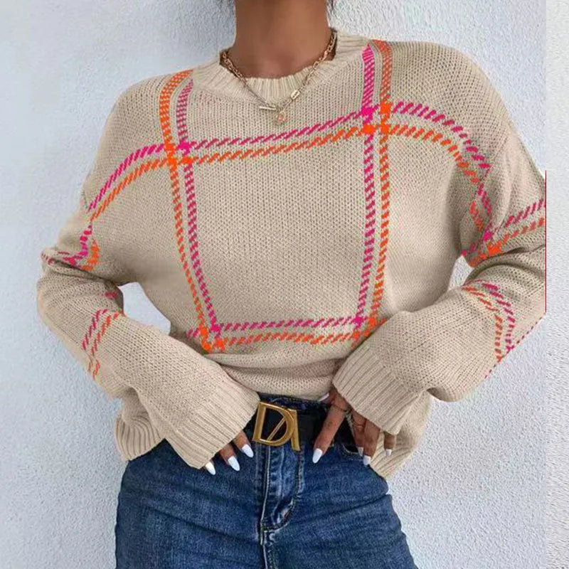 Women's loose fit plaid crew neck sweater in colour-block striped design