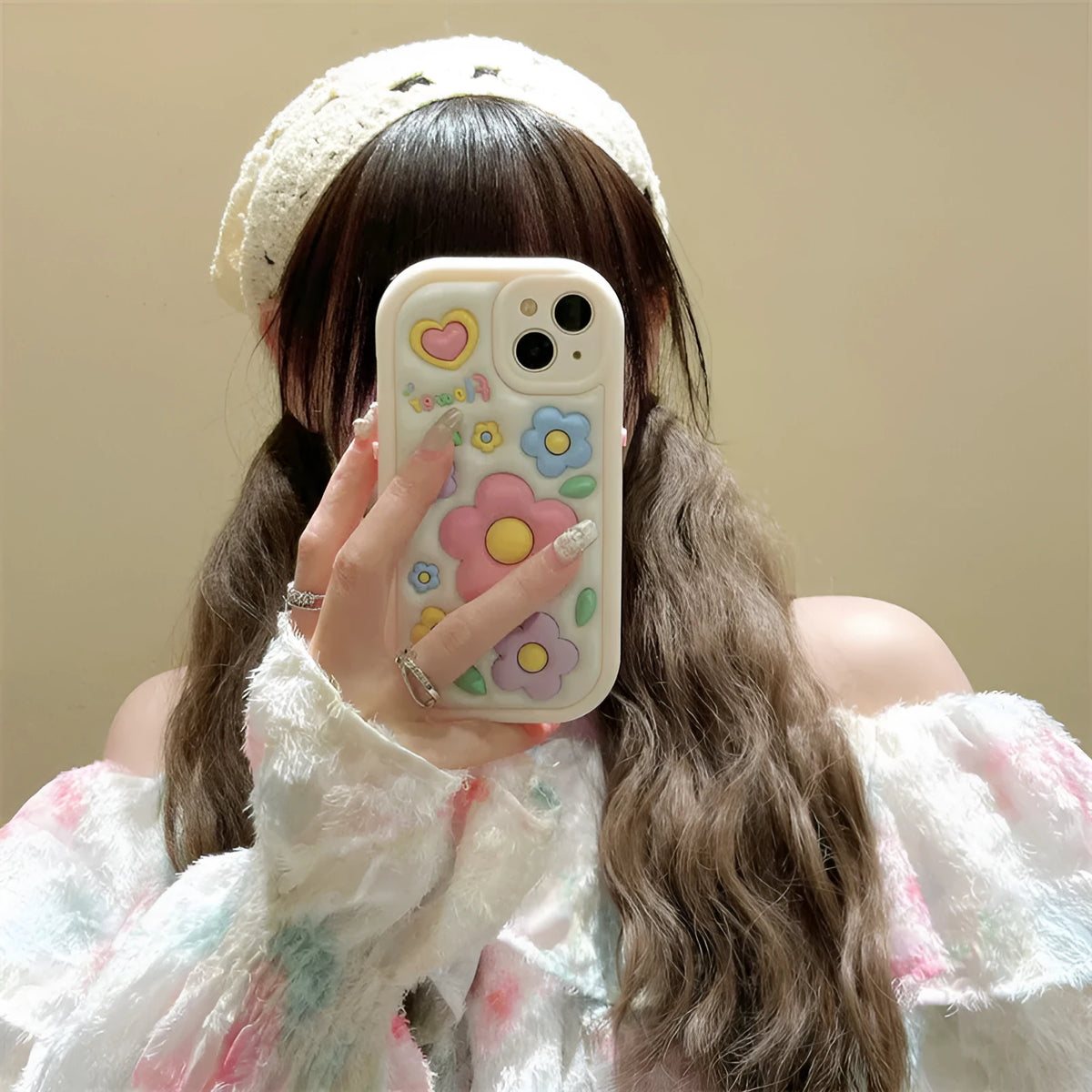 Three-dimensional flower TPU phone case with round two-in-one design and fall protection for selected iPhone models