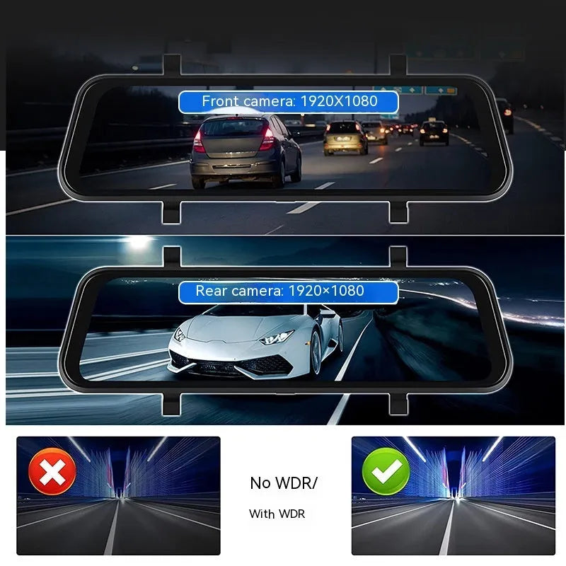 Black 9-inch portable car GPS navigation system with dual cameras and touch screen
