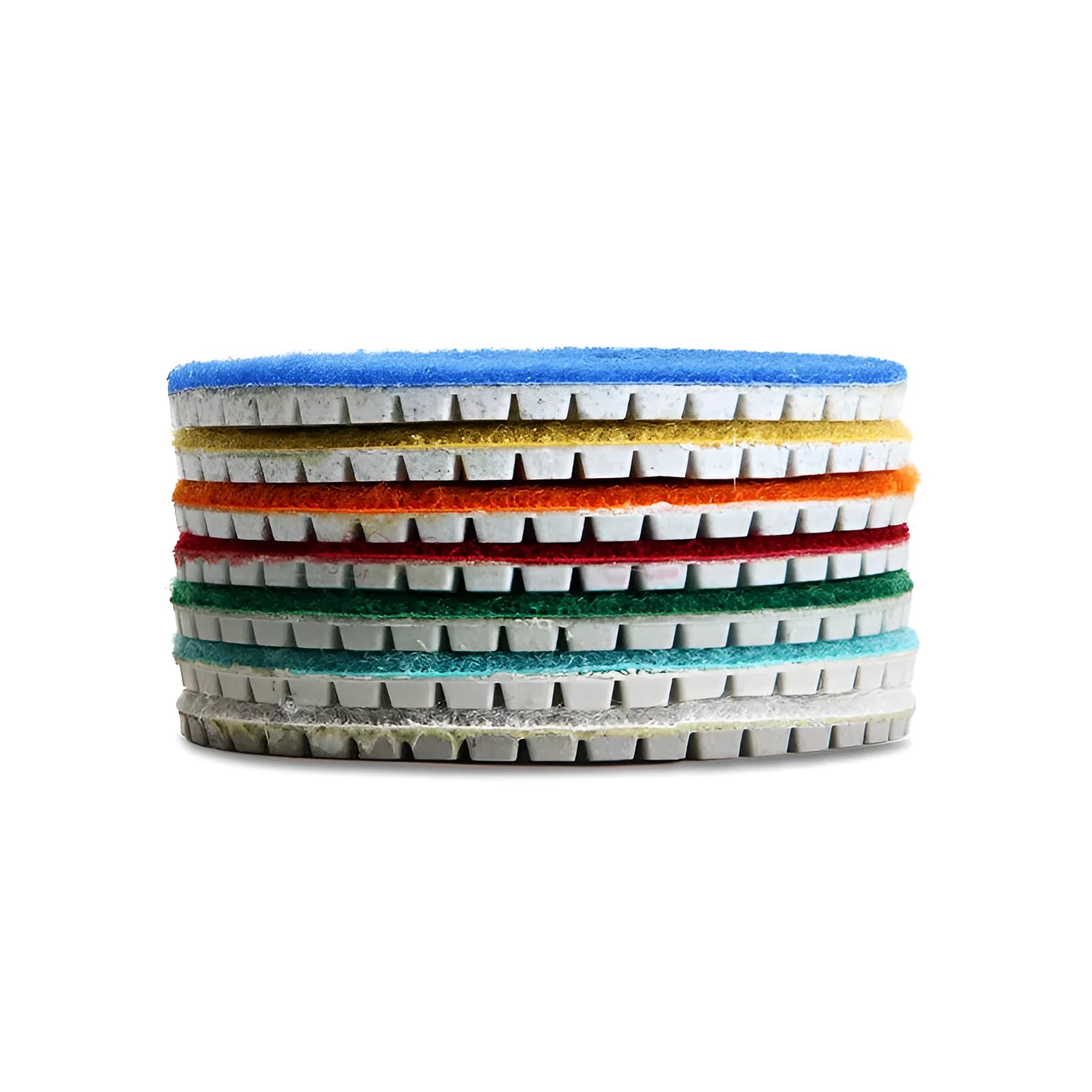 Set of 10 emery stone polishing pads showing 80mm diameter discs with central mounting holes