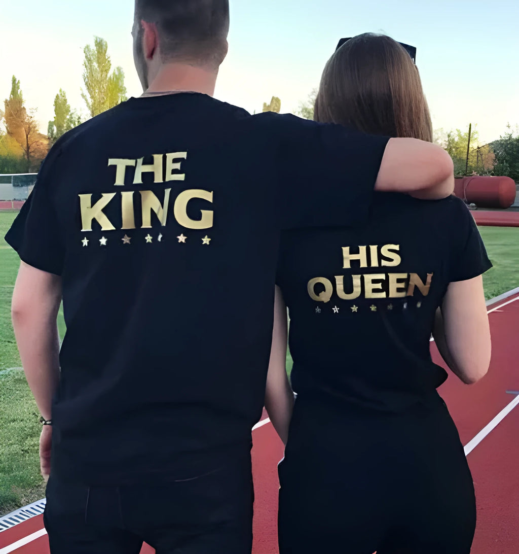 Printed black short sleeve T-shirt for men and women, knitted polyester fabric, straight fit, front view