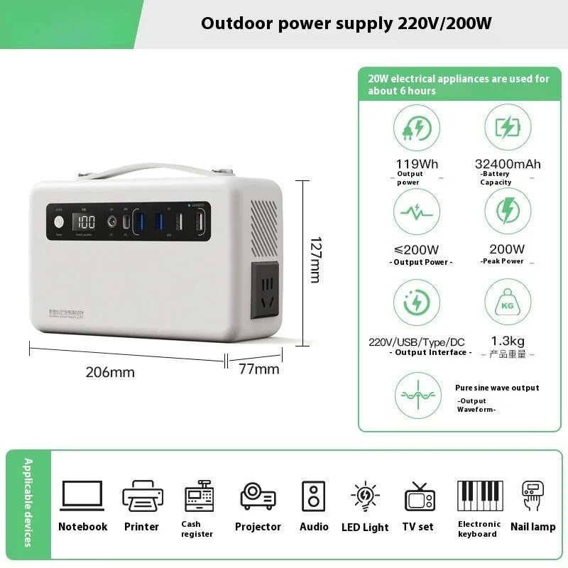 Outdoor 220V portable power supply 200W FF series with compact dimensions and carrying handle