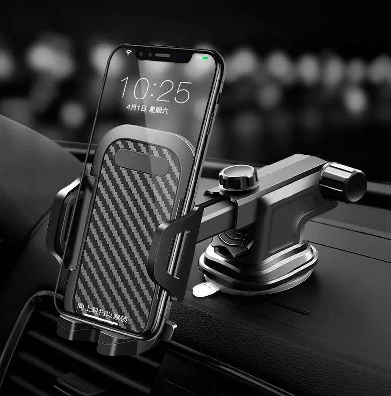 Black adjustable car phone holder for smartphones between 4 and 7 inches.