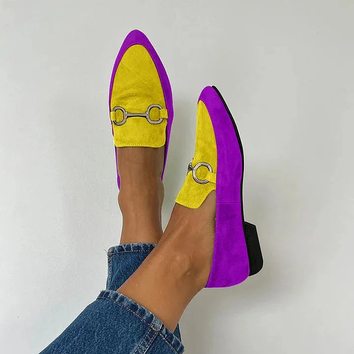 Women's pointed toe suede flat shoes with shallow mouth and buckle in purple, green, purple blue, purple yellow