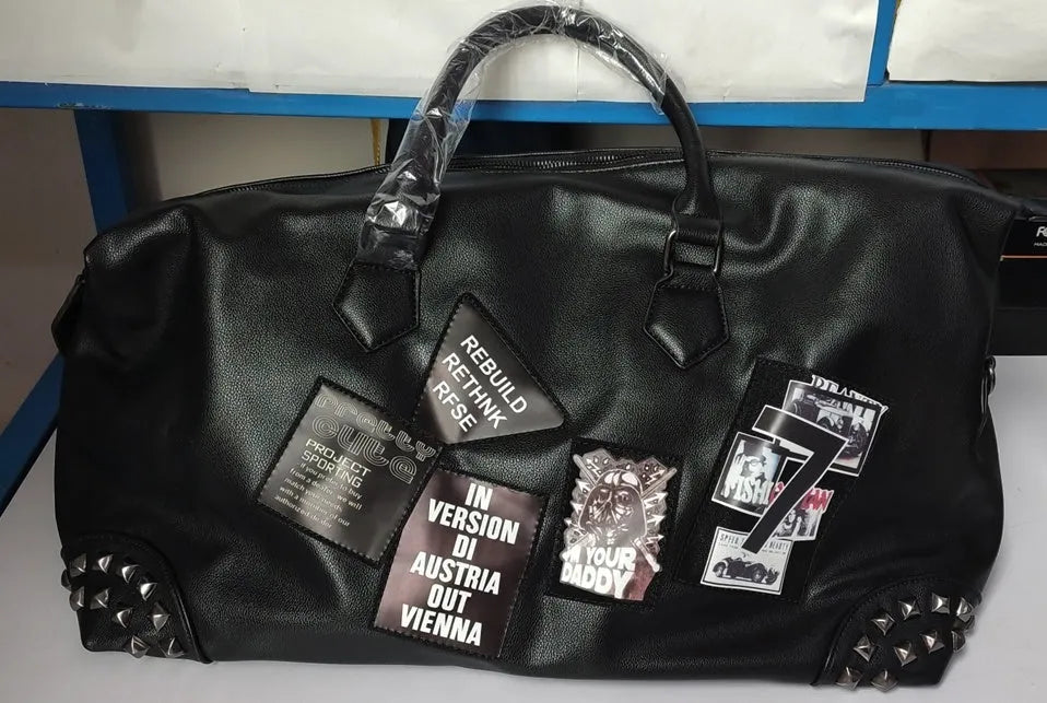 Black thick PU leather gym bag with adjustable shoulder strap fits 14-inch notebook