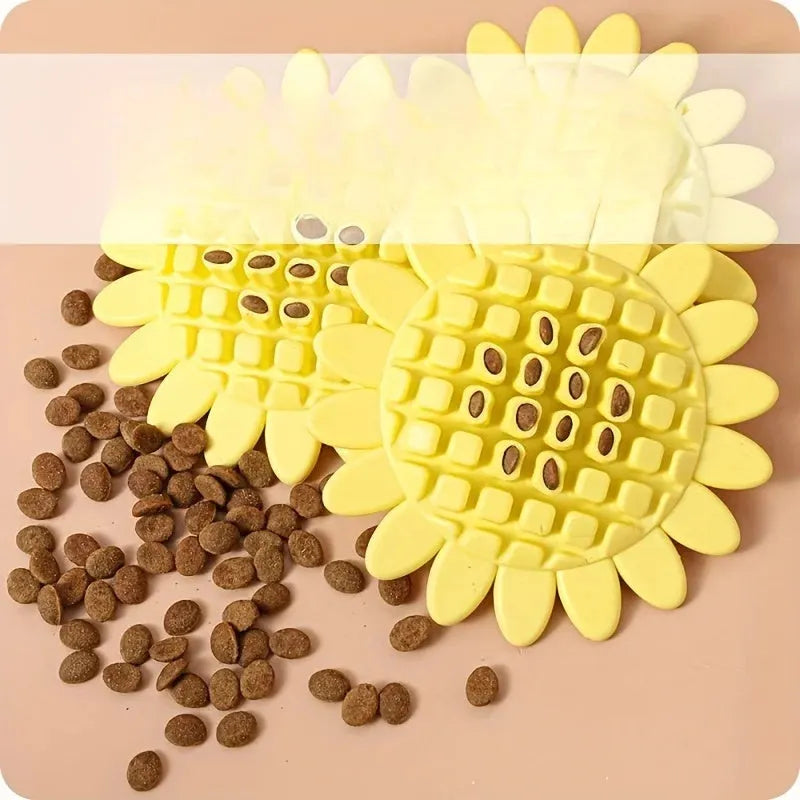 Yellow rubber sunflower dog chew toy with 10cm diameter head and 5cm stem